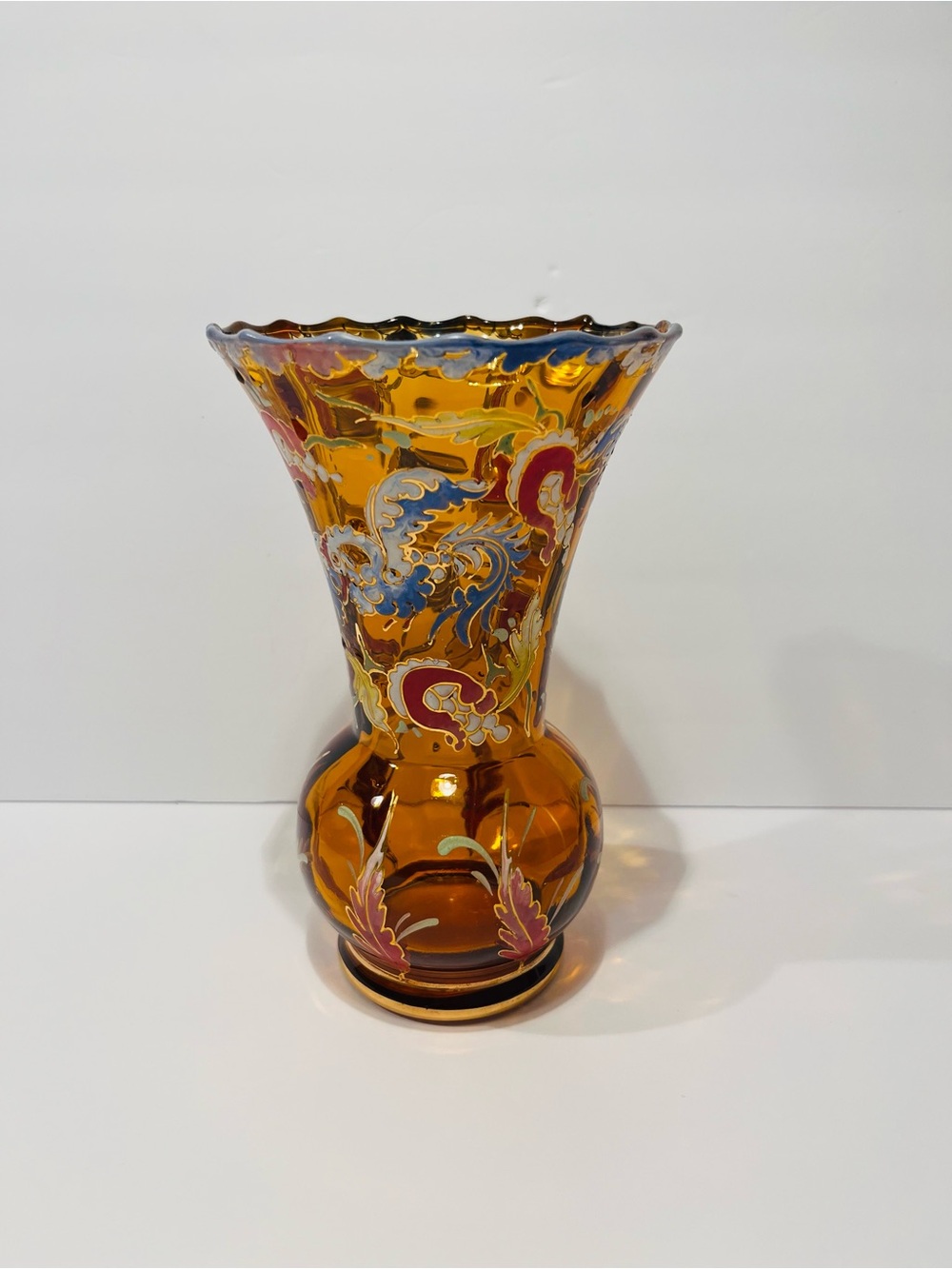 Vintage Enameled Hand Painted by Royo Spain Amber Glass Vase 8.5”